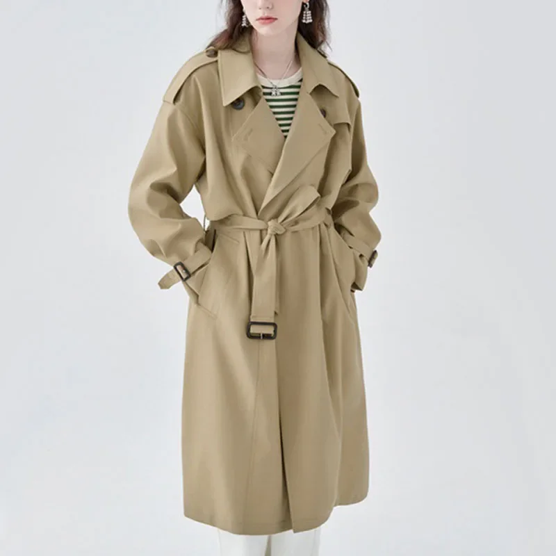 

Women's Long Trench Coat with Belt, Monochromatic, Classic Lapel, Long Sleeve, Windproof, Casual Streetwear, Autumn