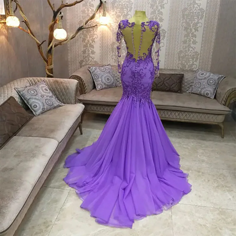 Purple Mermaid Women Special Occasion Prom Dresses With Long Sleeves Glamorous Lace Appliques Beaded Formal Party Gowns