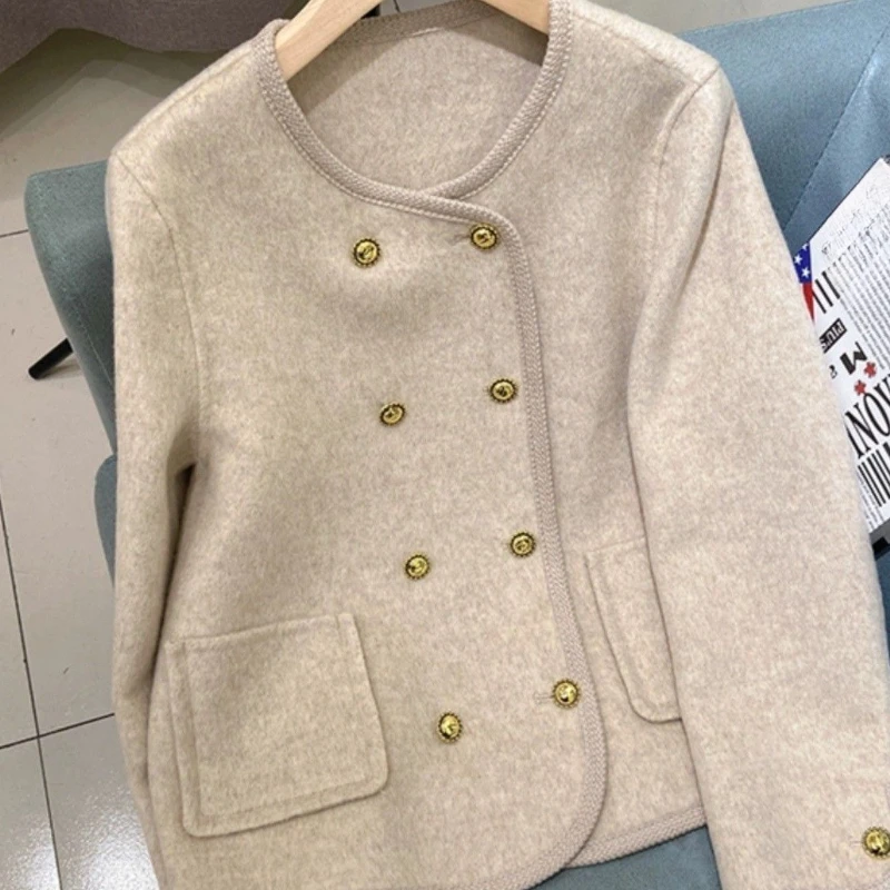 

Короткое шерстяное пальто женское, осень-зима 202, французский двубортный плащ, элегантная повседневная верхняя одежда, новая коллекция