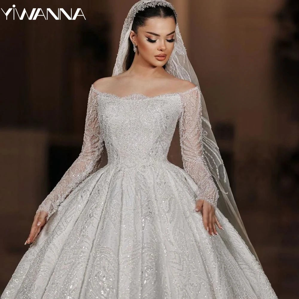 

Sparkly Luxury Beaded Wedding Dress With Train Strapless Long Sleeve Bridal Gown 2025 Customized Ball Gowns Dresses For Bride