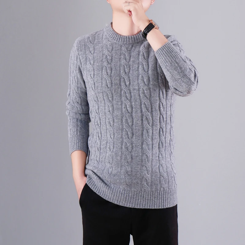 

Men's Autumn Winter 100% Merino Wool Classic Versatile High-Quality Round-Neck Pullover Cable-Knit Comfortable Cashmere Knitted