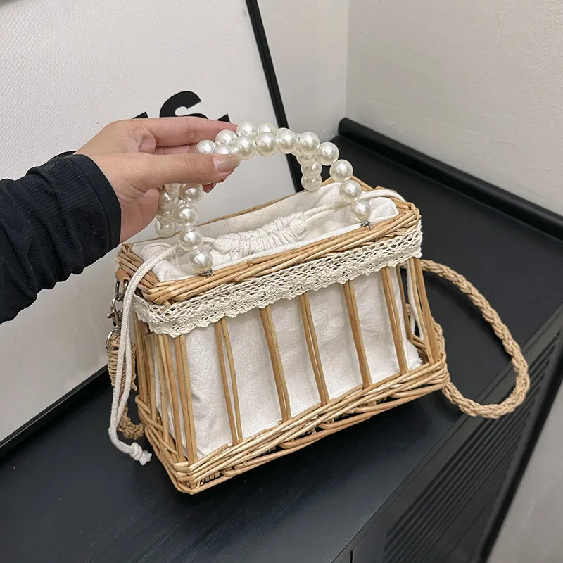 

Fashionable Hollow Woven Shoulder Bag with Pearl Chain Trendy Vegetable Basket Style for Women