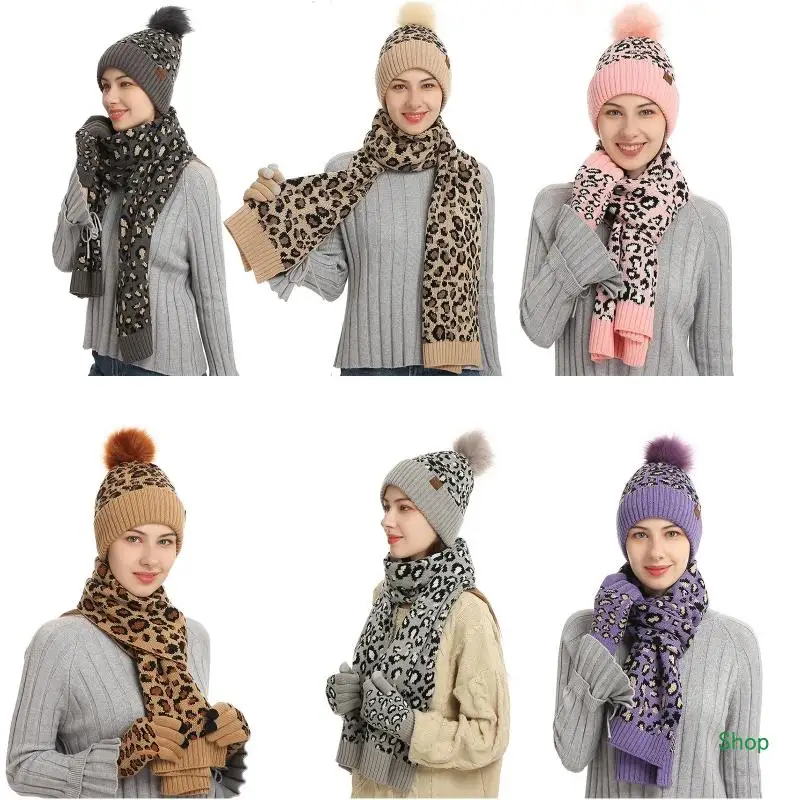 

Dropship Women Winter 3Pcs Beanie Hat Long Scarf for Touch Screen Gloves Set Leopard Thick Plush Lined Knit Cuffed Skull