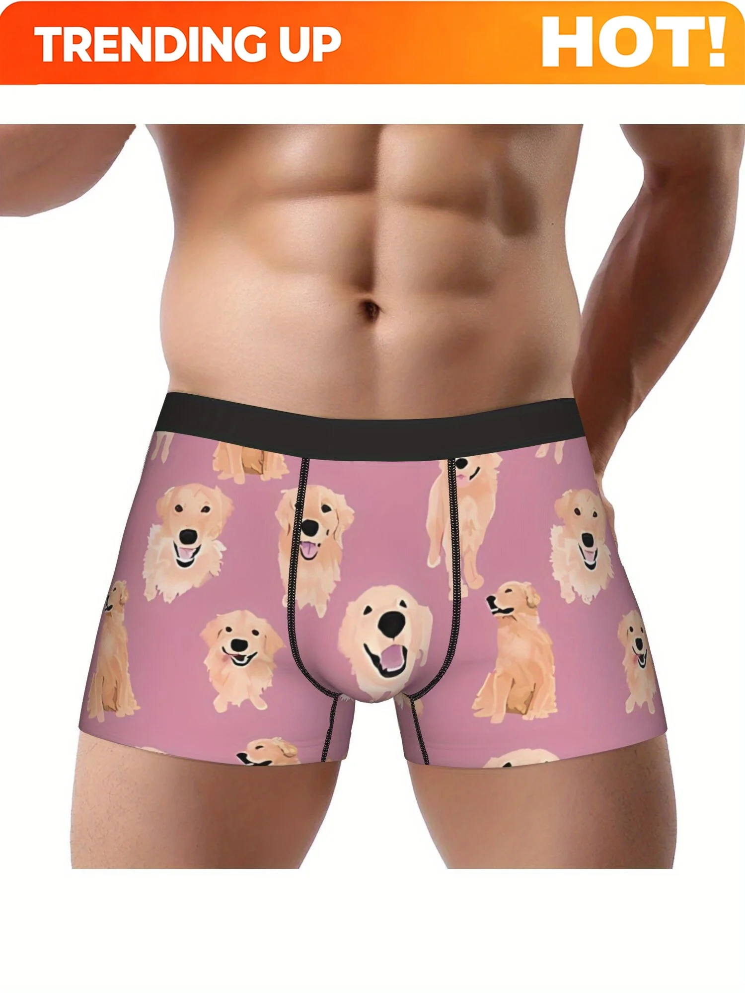 1pc of Men'S Boxer Briefs Featuring a Print of Golden Retrievers on Pink Underwear