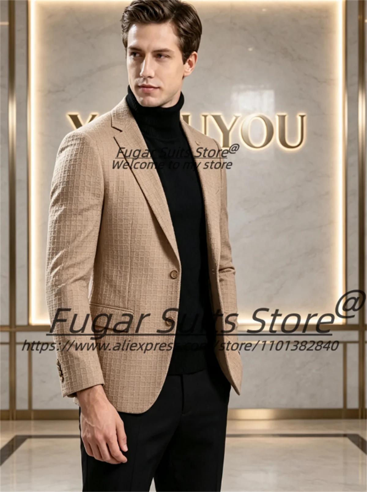 Casual Khaki Waffle Texture Men Suits Customzied Slim Fit Notched Lapel Groom Wedding Tuxedos Male Fashion Blazers 2 Pieces Sets