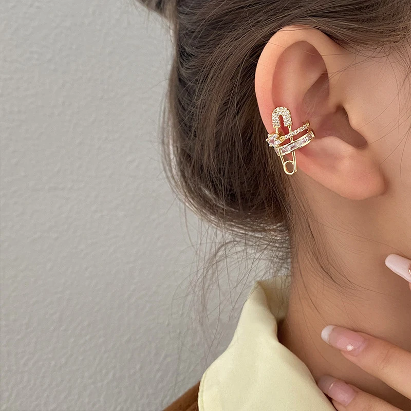

Korean Fashion Gold Silver Color Pin Shape Ear Clip Vintage Punk Exquisite Rhinestone Ear Cuff Jewelry for Women Single Ear Clip