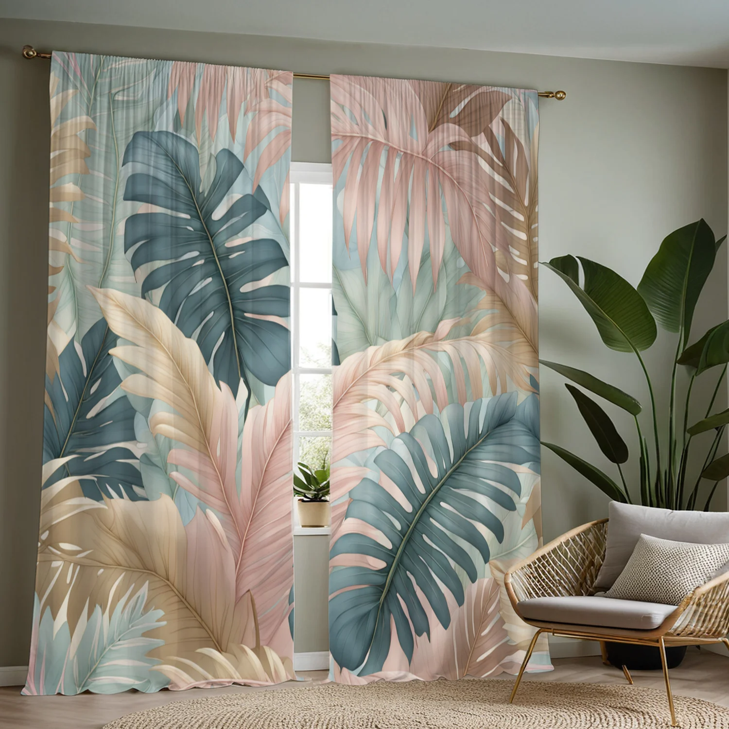 Pastel Tropical Curtains 2pcs – Blush Pink & Mint Monstera Leaves, Light Filtering Boho Window Decor