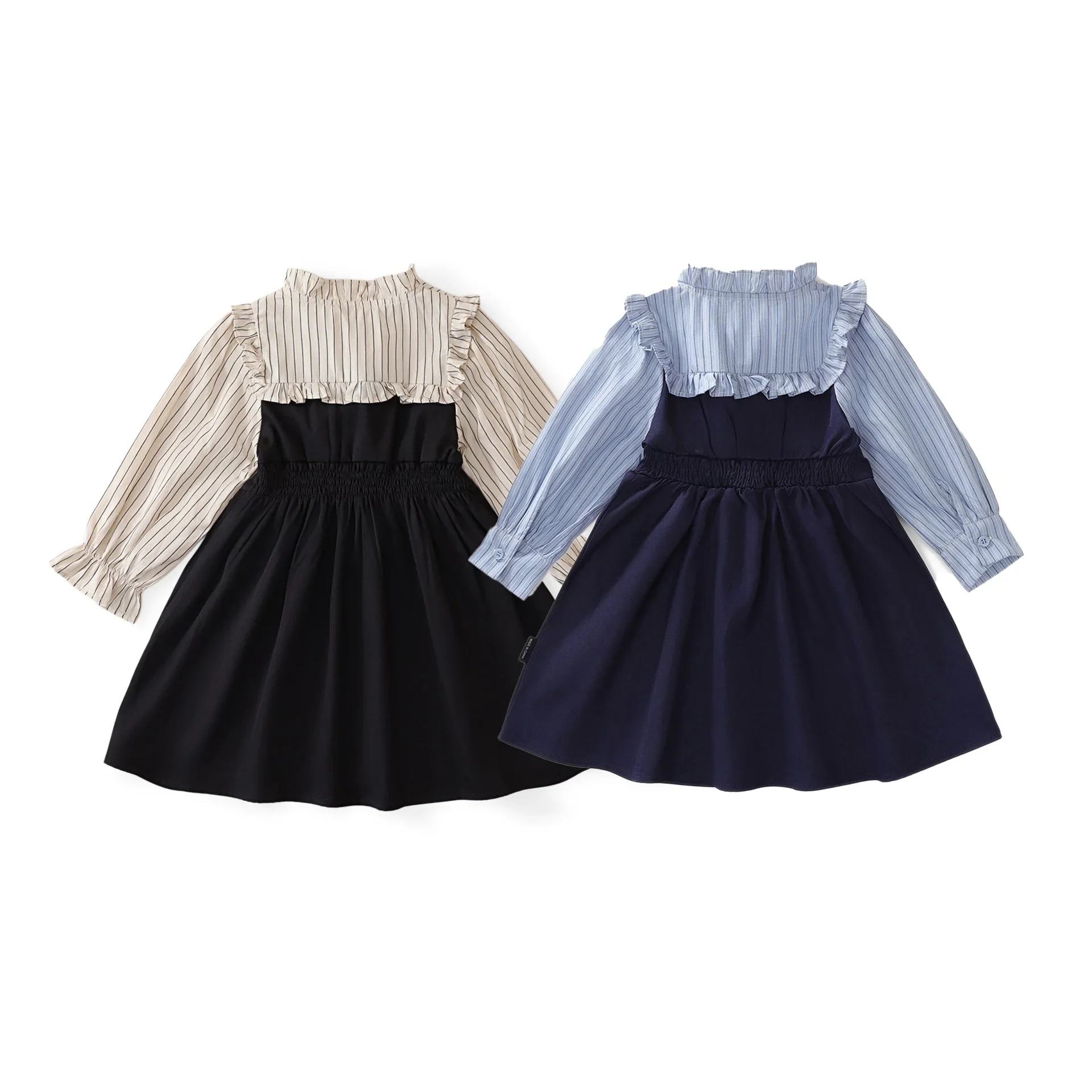 Dress Spring and Autumn New Korean Fashion Academy Style Butterfly Bow Stripe Splicing Long Sleeve Lace Princess Skirt