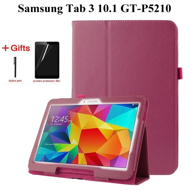 Flip Protective Matte Litchi PU Leather Case For Samsung Galaxy Tab 3 10.1 inch P5200 P5210 P5220 GT-P5200 Tablet Case +Film+Pen