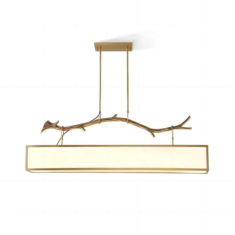 

T15 Light Source LED Brass Chandelier Modern Rectangular Hall Dining Ceiling Zen Home Restaurant Lamp Chinese Rural Style