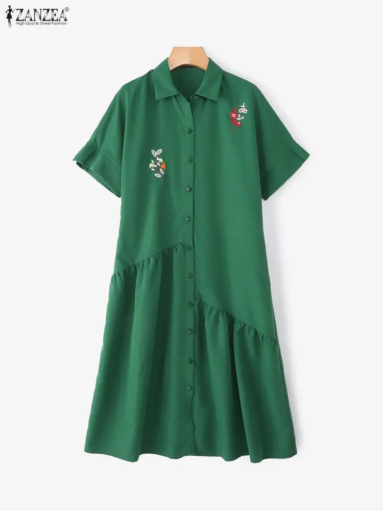 Damska sukienka koszulowa midi z haftowanymi kwiatami, kołnierzykiem i krótkim rękawem zapinana na guziki, ZANZEA, codzienna odzież na co dzień, rozmiar 3XL