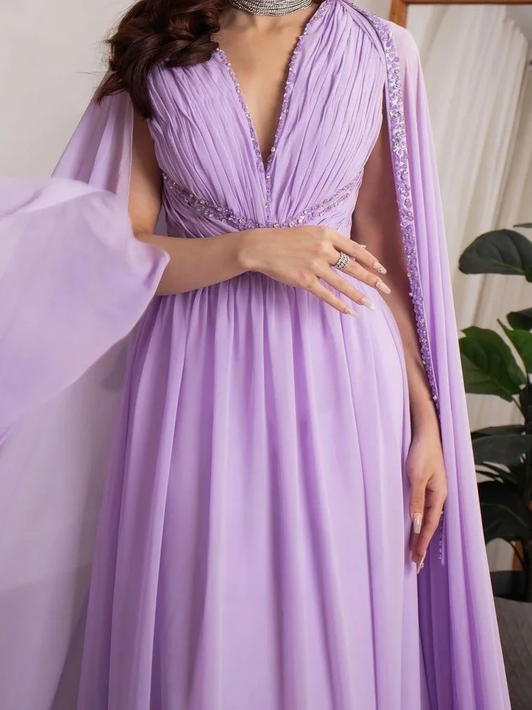 Oisslec Chiffon Beads Sequins Prom Dresses Watteau Train Elegant Party Dresses Ruched A-Line Floor-Length Saudi Arabia 2024