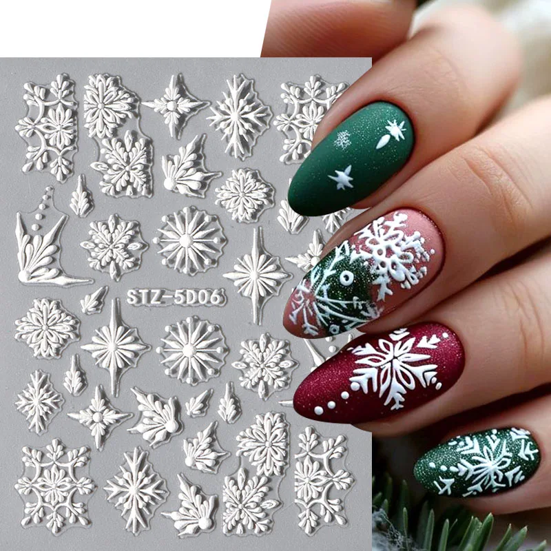 Elegante fiocco di neve bianco adesivi per unghie 5D maglione invernale fiore di neve cervo nail art gel cursori decalcomanie in rilievo di Natale Decorati