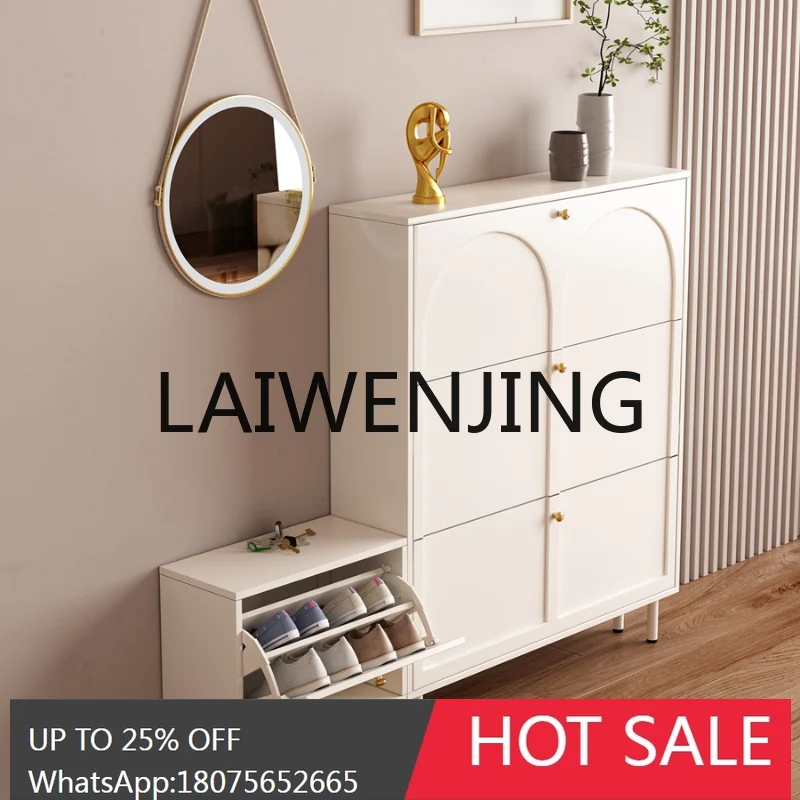 RWJ Cream Style Ultra-Thin Tilting Shoe Cabinet Small Apartment with Shoes Rack Entrance Cabinet