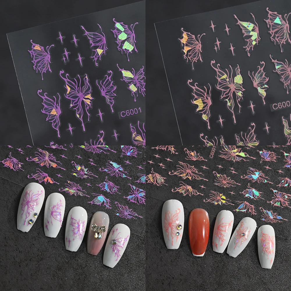 Pink Glitter Butterfly Nails Stickers 3D Laser Holographic Shiny Fairy Fluidic Butterfies Decals DIY Manicure Decorations Slider