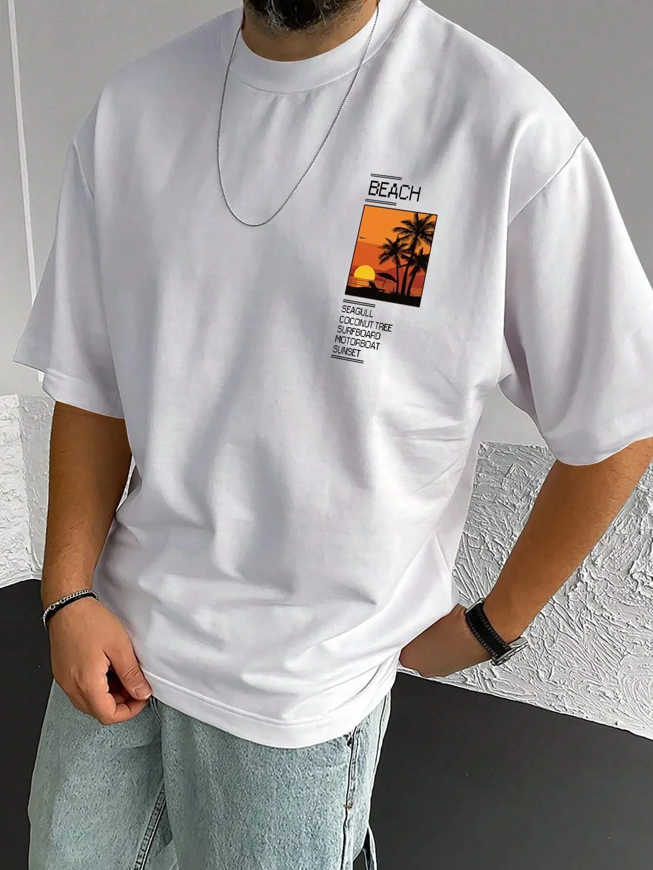 

Men's 100% cotton summer loose Coconut Tree&Sloan Graphic printed slim fit casual sports round neck short sleeved T-shirt top