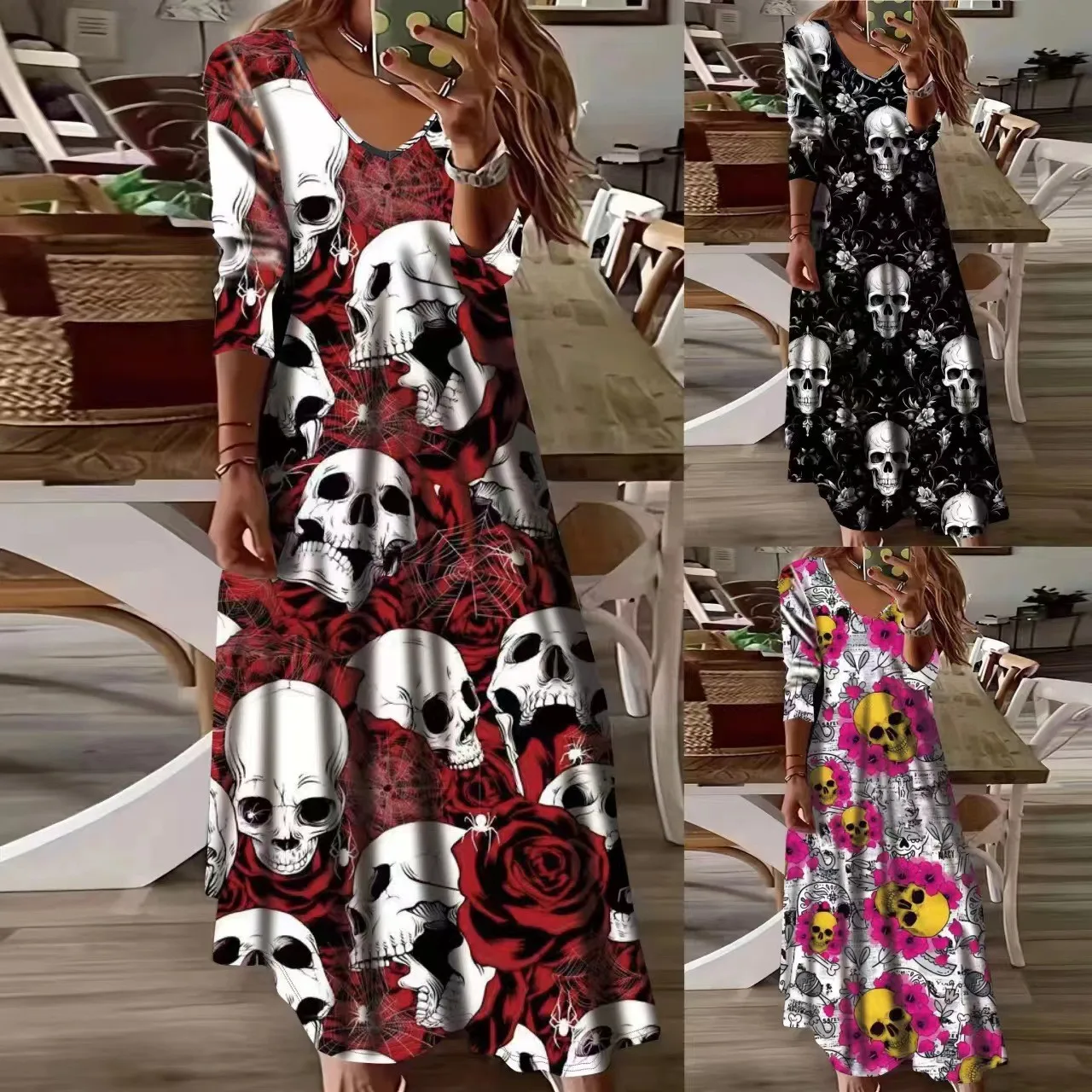 

Модное и элегантное женское платье больших размеров с темным принтом черепа и v-образным вырезом, длинная юбка с рукавами семь четвертей