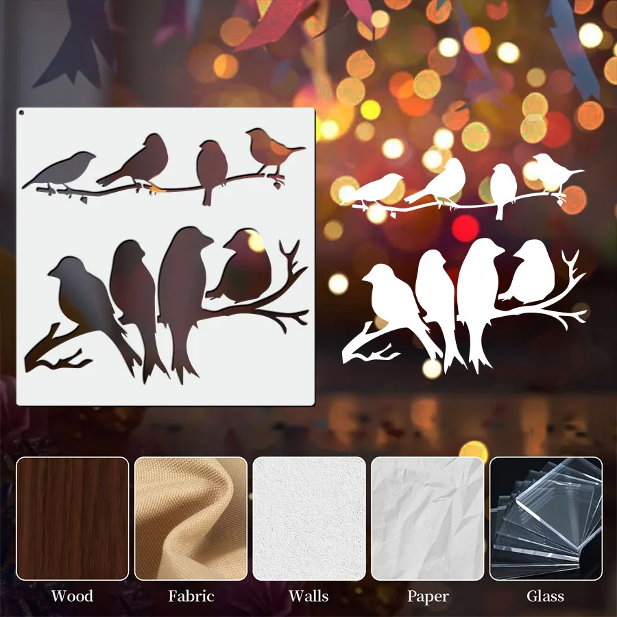 1 قطعة كبيرة 11.8x11.8 بوصة قابلة لإعادة الاستخدام البلاستيك الطيور على فرع ورقة صورة ظلية قالب للخشب اللوحة الطنان أداة ديكور المنزل