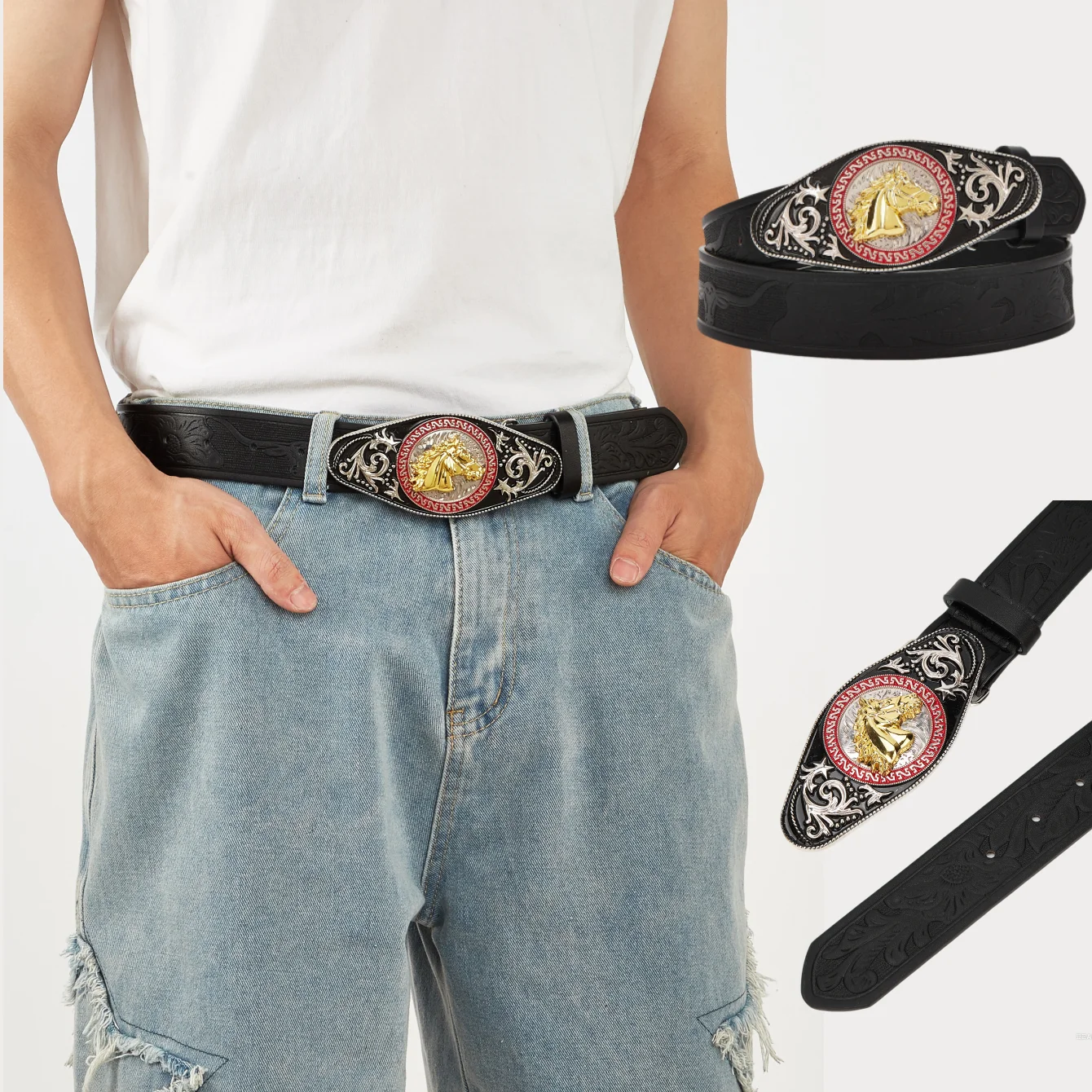 1pc men's black western style mustang metal buckle flower embossed belt, a versatile decorative belt for jeans