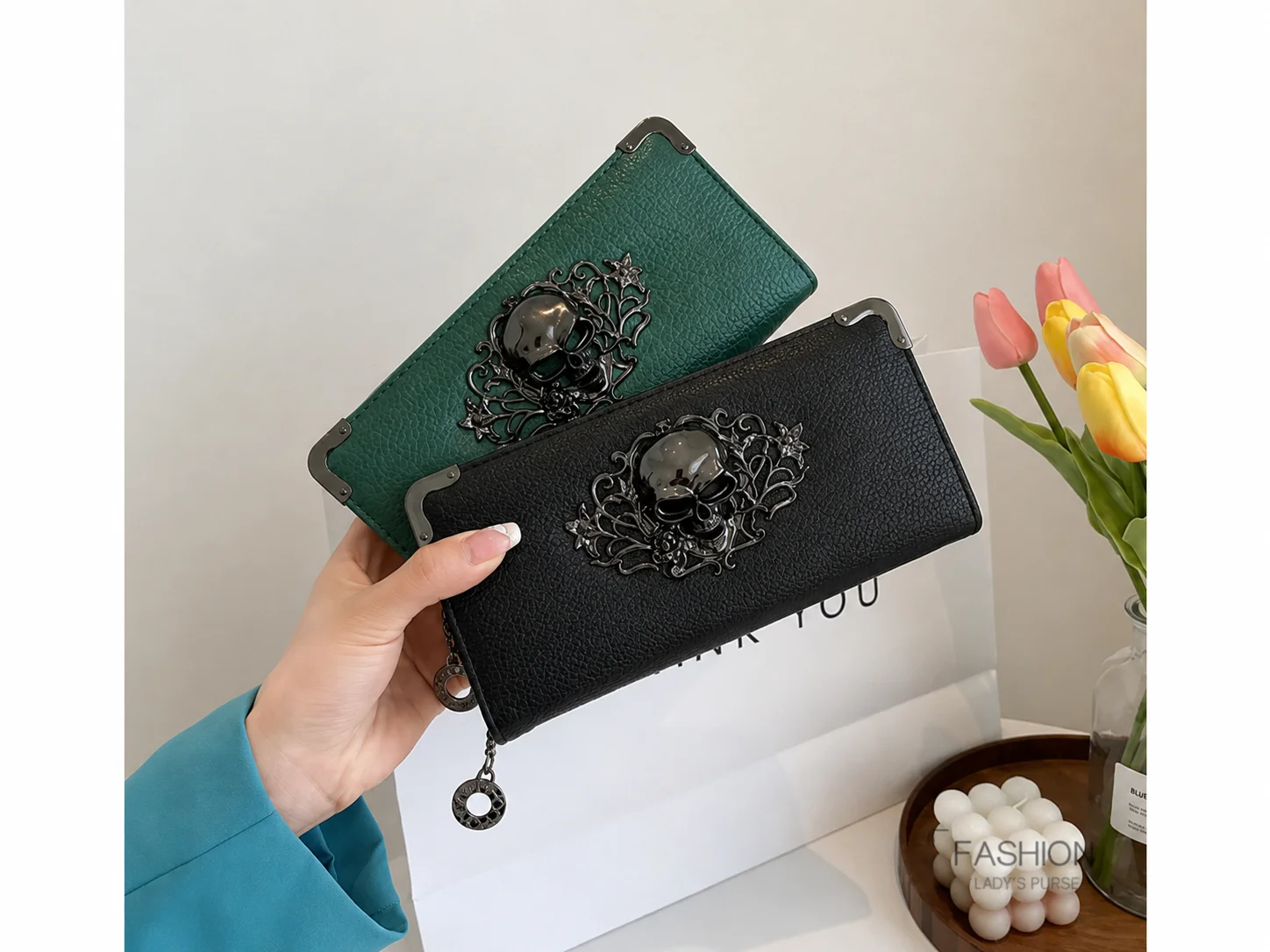 Unisex Lange Männer Frauen Geldbörse Punk Schädel PU Leder Brieftasche Zipper Clutch Tragbare Casual Dame Bargeld Geldbörse Brieftasche – Detail 4
