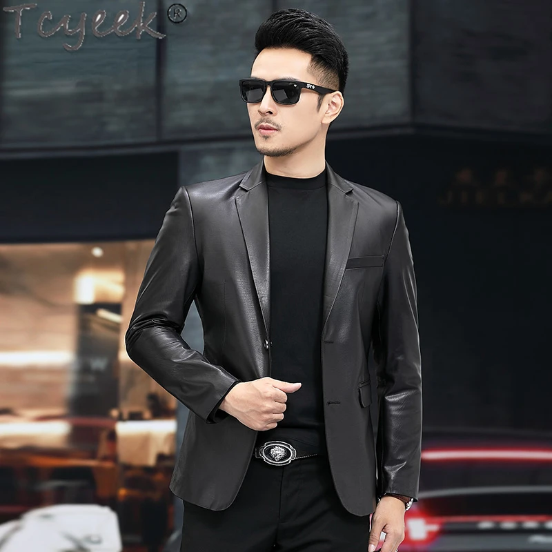 

Tcyeek Real Leather Jacket Men Business Casual Real Cowhide Coat for Man Clothing Slim Suit Collar Trend Spring Autumn Clothes