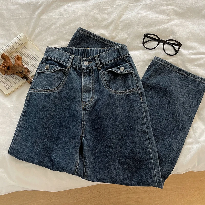 

Elastic Waist Washed Denim Pants for Women Solid Loose Wide Leg Pants Versatile Female Commute Deep Blue Jeans