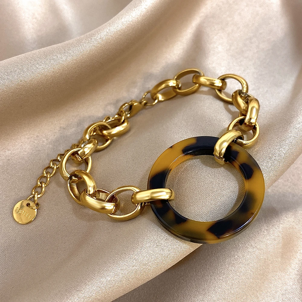 Punk Chunky Women\'s Set Jewelry Gold Color Thick Chain Leopard Pendant Stainless Steel Necklace Bracelets Set Fashion Jewelry