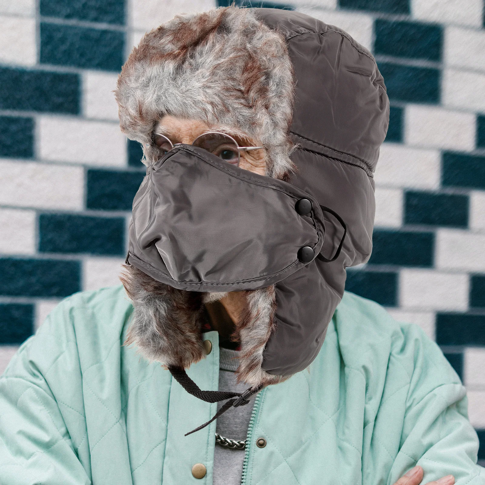 

Men Women Winter Trapper Ski Hats Grey Thick Artificial Rabbit Hair Earflap Hats Mask Hood Warm Protection