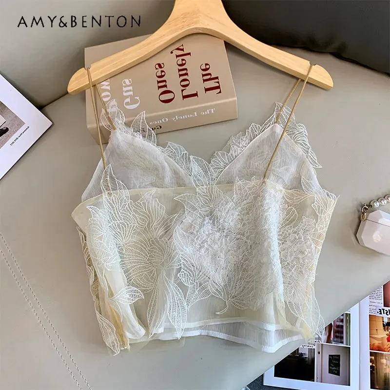 

White French Style Sling Refined Handmade Lace Camisole Women's Outer Wear 2023 New Summer Sexy Short Socialite Tank Top Vest