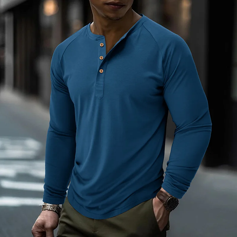 

American T-shirts Autumn and Winter Men's Round Neck Long Sleeve Henley Shirts Mens T Shirts