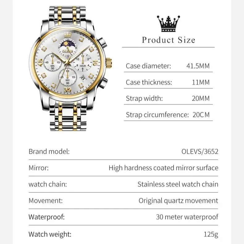 OLEVS 3652 Luxury Men\'s Watch Business Multifunctional Calendar Moon Phase Timing Waterproof Watch Top Brand Men\'s Quartz Watch