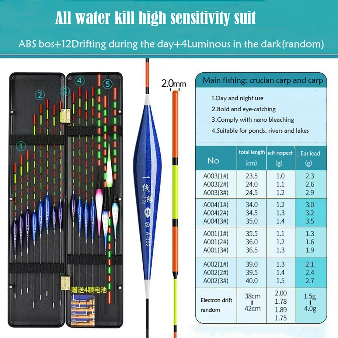 16PCS （12 daytime +4 electronic fish float）all-water universal eye-catching high-sensitivity float crucian carp float box set