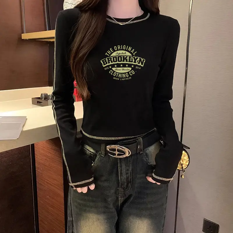 Spring Autumn Letter Geometry Printing Long Sleeve Pullover Women's Spring Autumn T-shirt Round Neck Streetwear All-match Tops image 3