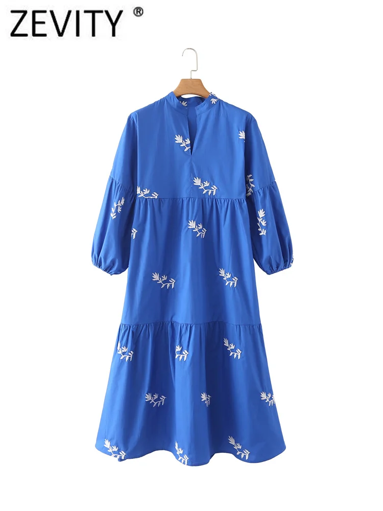 Zevity Women Fashion Floral Embroidery Casual Pleats Blue Midi Dress Female Stand Collar Three Quarter Sleeve Vestidos DS1805