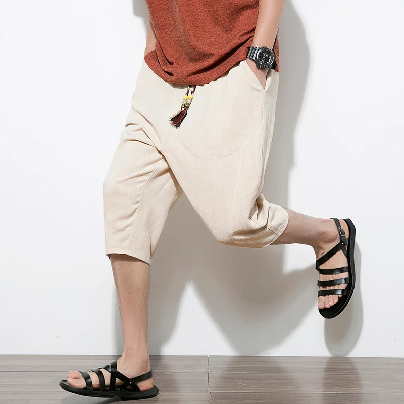 

2022 new men's Chinese style linen pants solid color cotton linen harem pants loose men's beach shorts