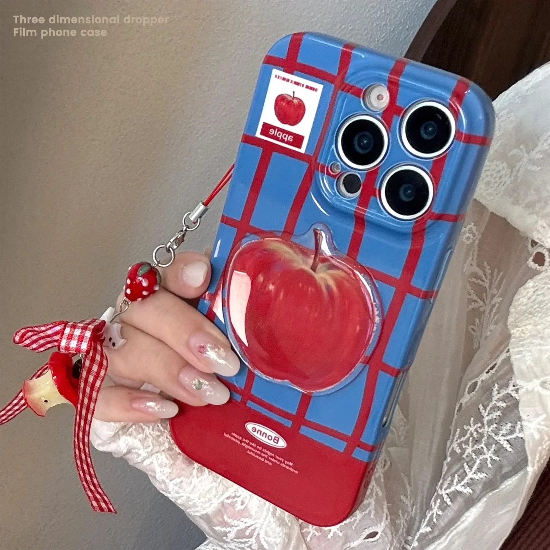 Korean Plaid 3D Red Apple Phone Case With Chain For iPhone 17 Air 16 15 14 13 12 11 Pro Max XS XR X 8 Plus Shockproof Hard Cover view 3