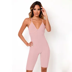 2023 Summer Midi Waist Sport Playsuit Sexy Strap Ribbed Knitted Women Clothing Solid Backless Bodycon Rompers Fitness Jumpsuit