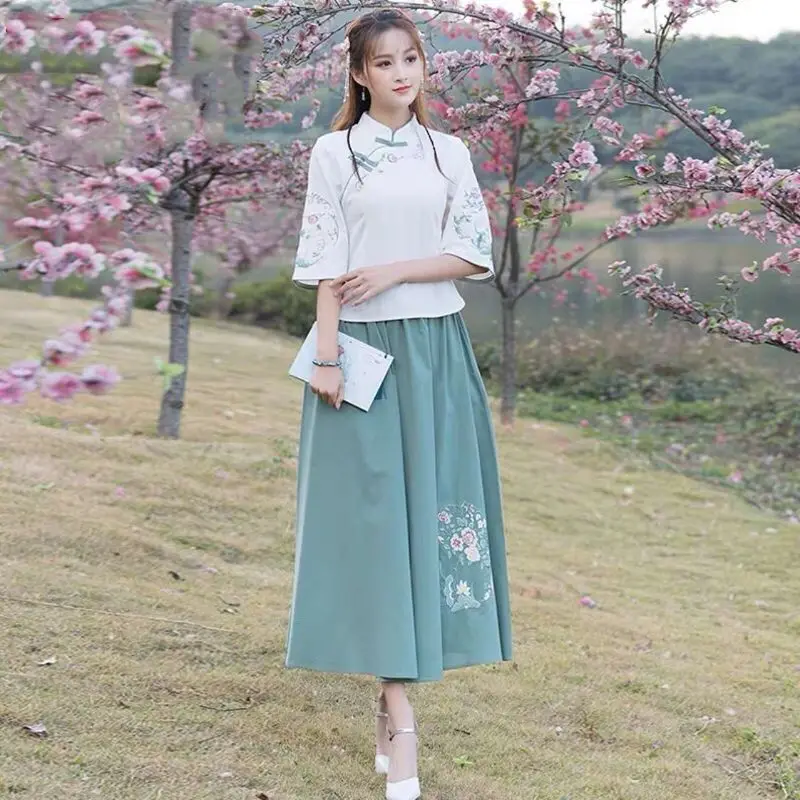 

Новый летний улучшенный хлопковый костюм ханьфу в стиле ретро, художественная народная женская одежда, юбка, традиционная китайская мода