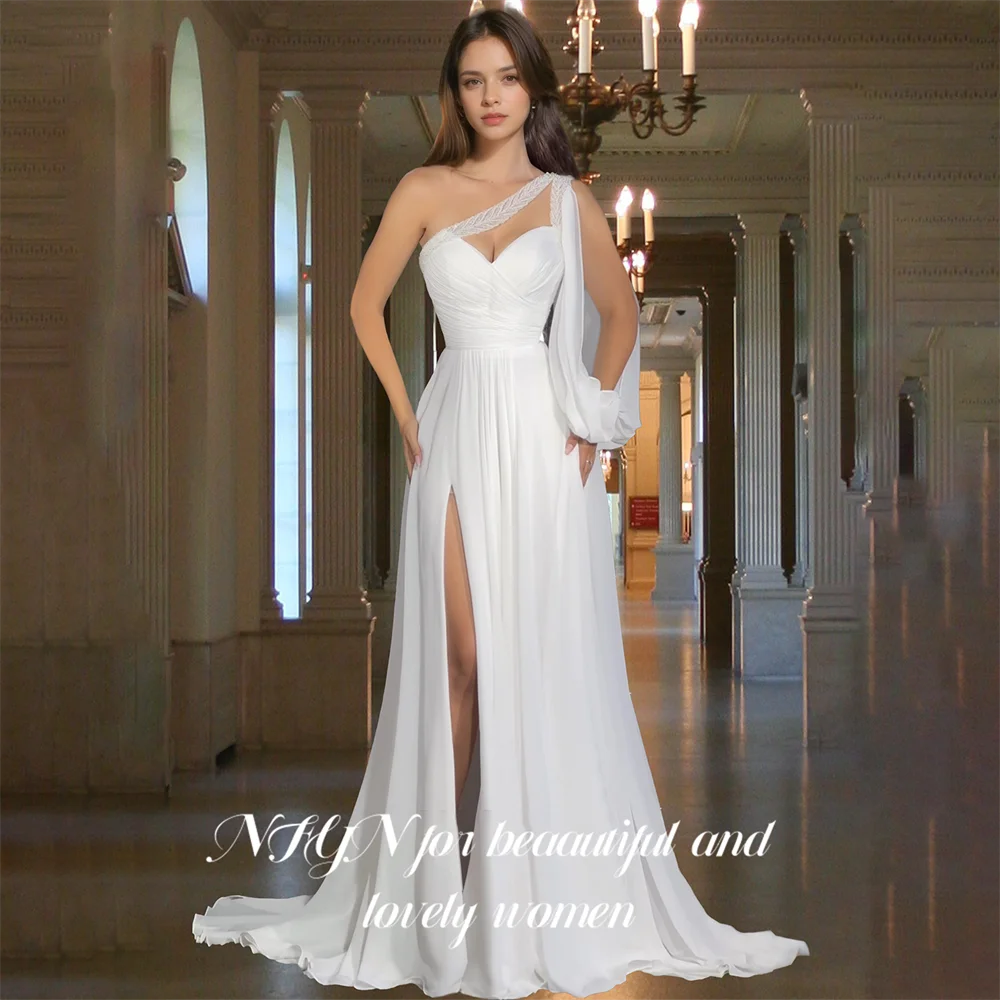 NFYN Burgundy Chiffion One Shoulder Prom Dress Beaded Prom Gown Long Sweetheart Evening Dress Formal Dress with Split Customized