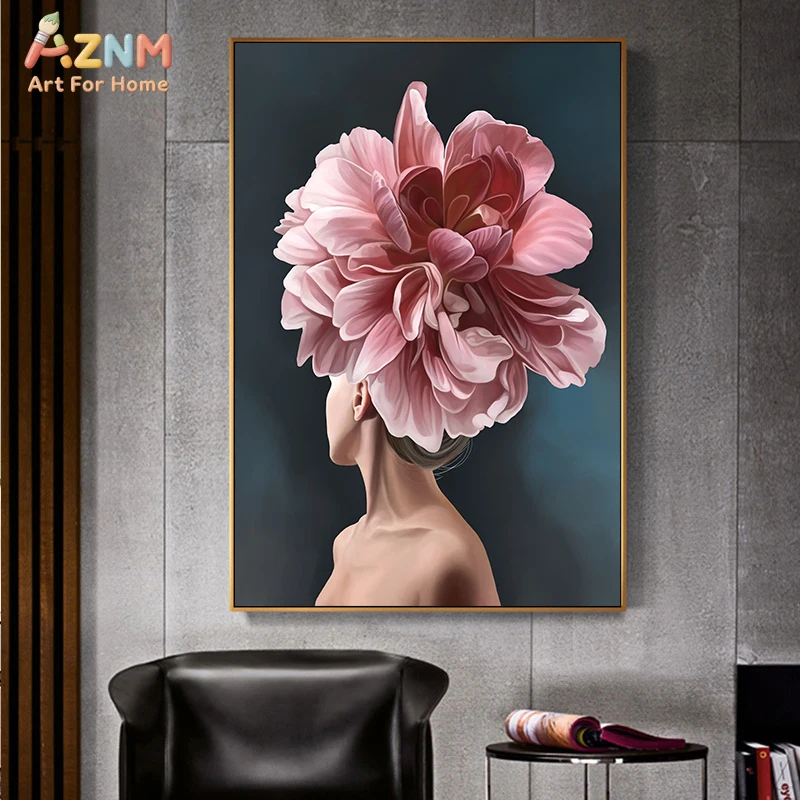 3PCS Pink White Flower Head Woman Canvas Wall Art Prints Set, Elegant Floral Lady Silhouette Artwork Posters, No Frame Modern Fa