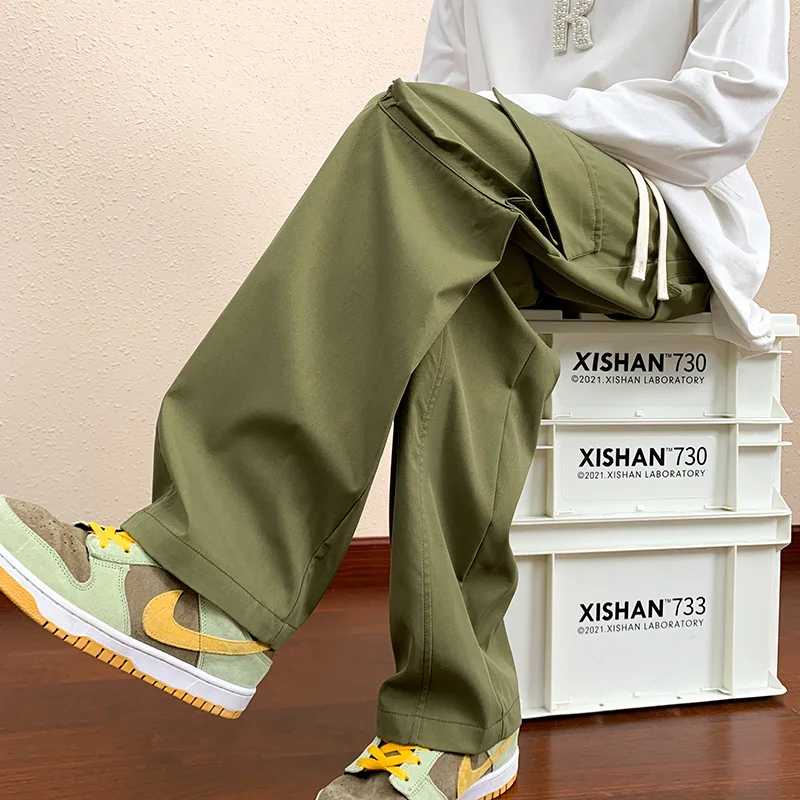 Autumn Khaki Cargo Pants Men Korean Streetwear Solid Harajuku Loose Straight Long Trousers 2024 Winter Wide-leg Baggy Pants Man