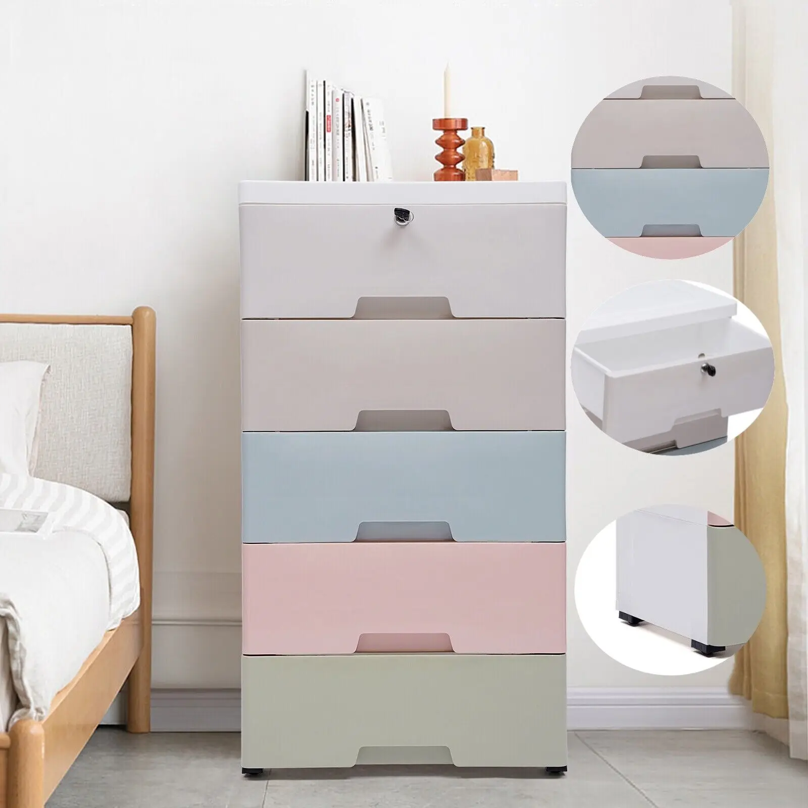 Chest of 5 Drawers Drawer Tower Dresser Clothes Storage Racks Bedroom Plastic