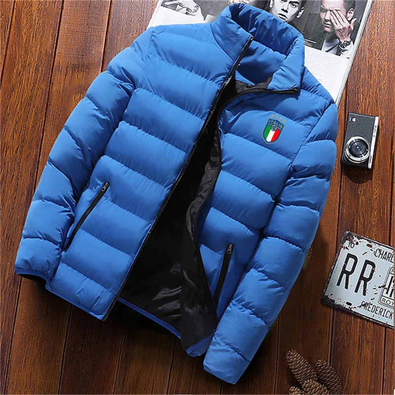 2024 men\'s trendy casual wear new warm parka winter coat solid color stand up collar zipper windproof cotton printed jacket