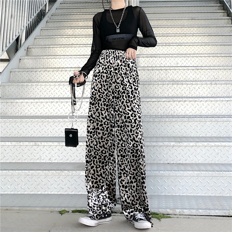 Golden Velvet Leopard Print Pants Women Autumn Winter New High Waist Elastic Baggy Trouser Korean Vintage Straight Wide Leg Pant