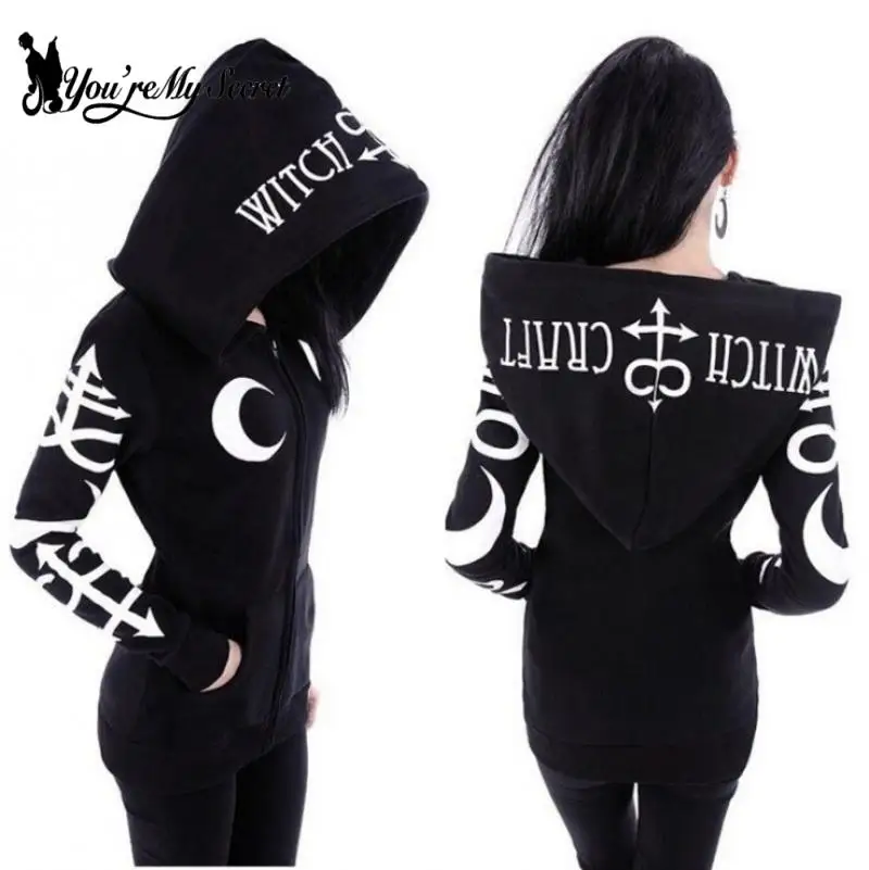 

[You're My Secret] Women Hoodies Sweatshirts Black Gothic Punk Moon Letters Printing Clothes Long Sleeve Jacket Zipper Lady Coat