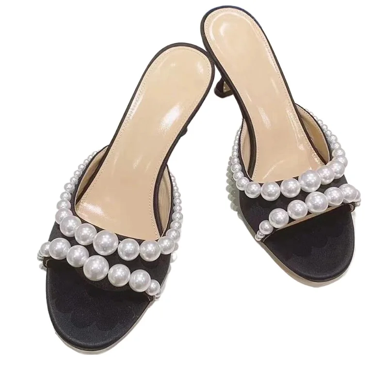 French Pearl Slippers Women\'s Summer New Black Versatile Open-toe Round Toe Strap Stiletto Sandals