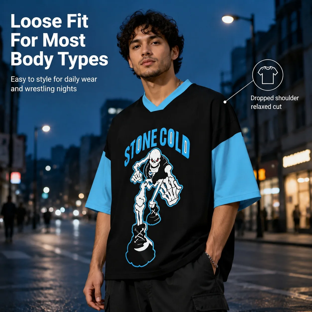 Stone Cold Austin 316 Wrestling Dress Men's Black Blue V-neck Skull Print Short Sleeve Loose Off Shoulder Casual Sports T-shirt