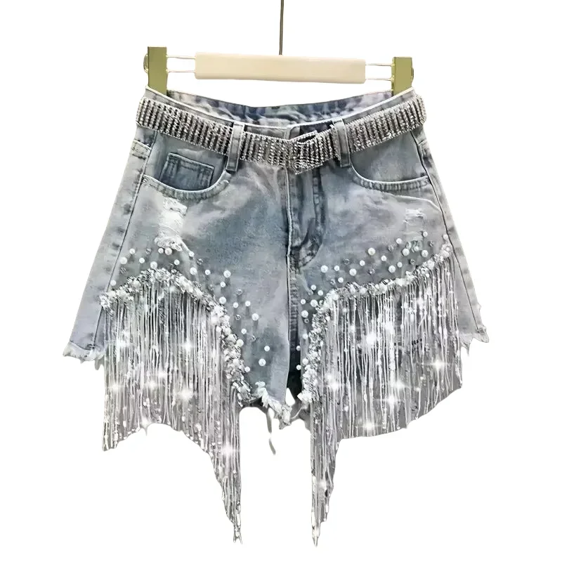 Short en jean taille haute à jambes larges pour femme, short en denim pour femme, élégant, décontracté, monochromatique, perles à pampilles, été