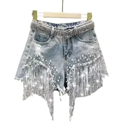 Shorts Jeans Elegant  Female Casual Solid Lady Tassel Beading Summer High Waist Wide Leg Denim Shorts