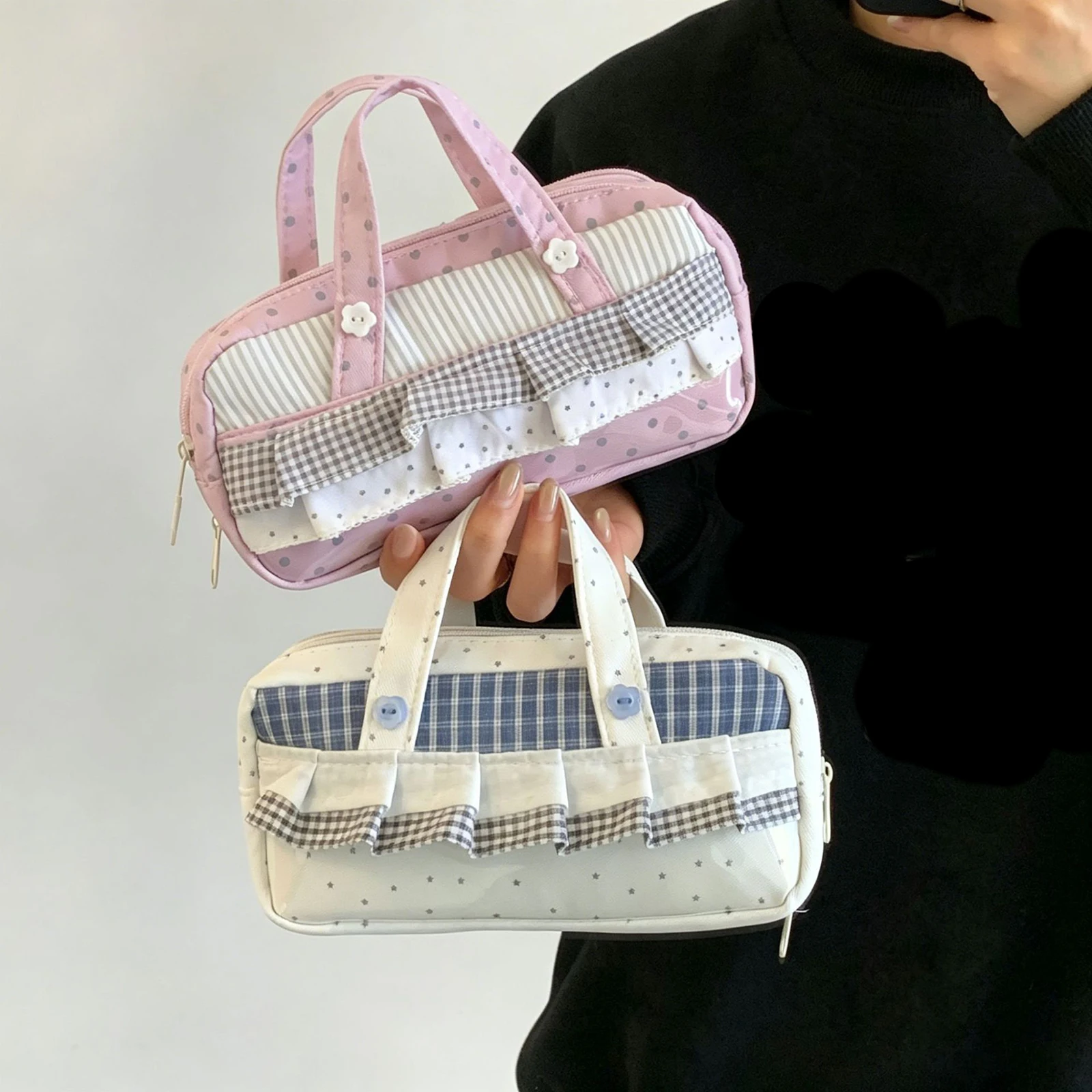 Korean Plaid Grid Star Pencil Pouch Large Capacity with Handle Multi-Purpose Cute Ruffle Stationery Organizer Bag